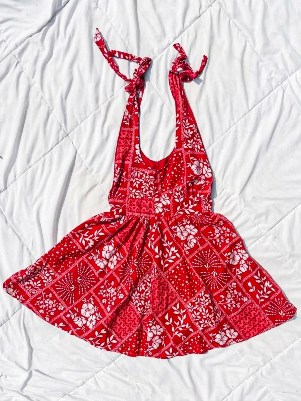 House of Harlow 1960 Linen Red Bandana Floral Scoop Neck Mini Sundress S Dress